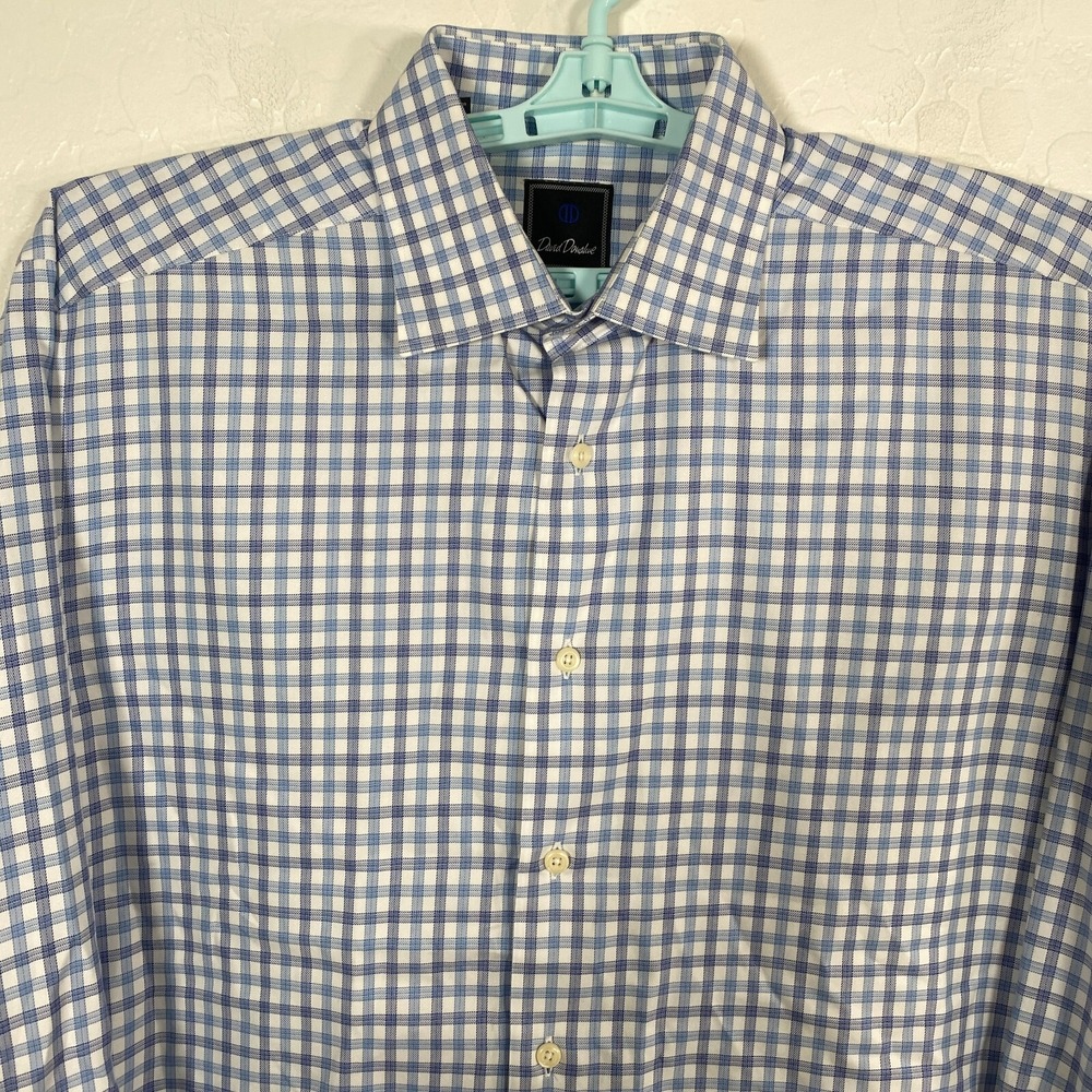 David Donahue Shirt Mens 16.5 - 34/35 Blue Button‎ Long Sleeve Check WIndowpane